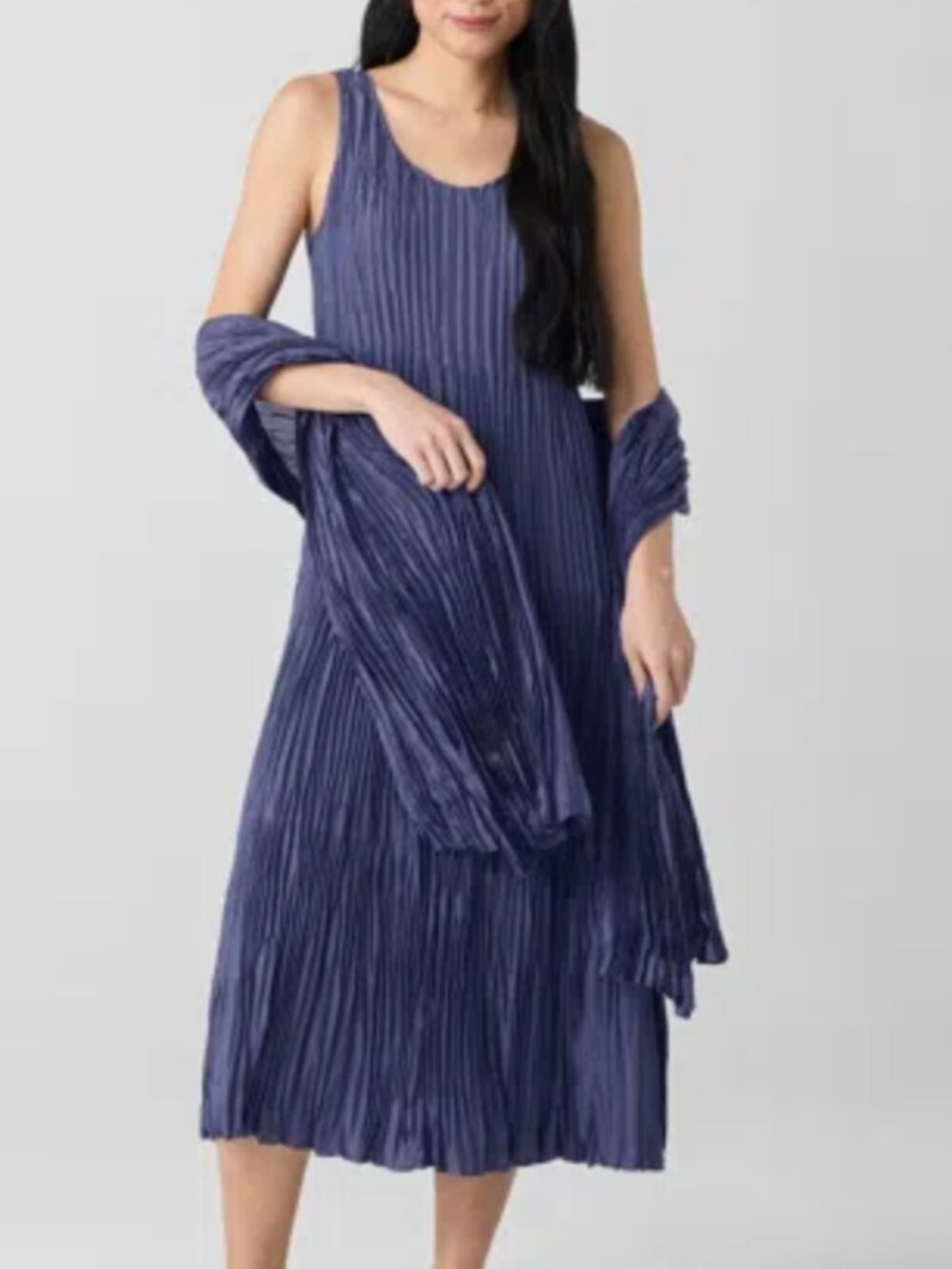 Eileen Fisher Crushed Silk Tiered Dress With Scarf Blue